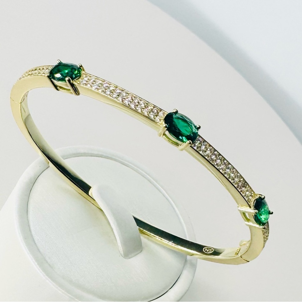 Elegant 18K Gold/Sterling Bangle Bracelet with Emerald Green Stones